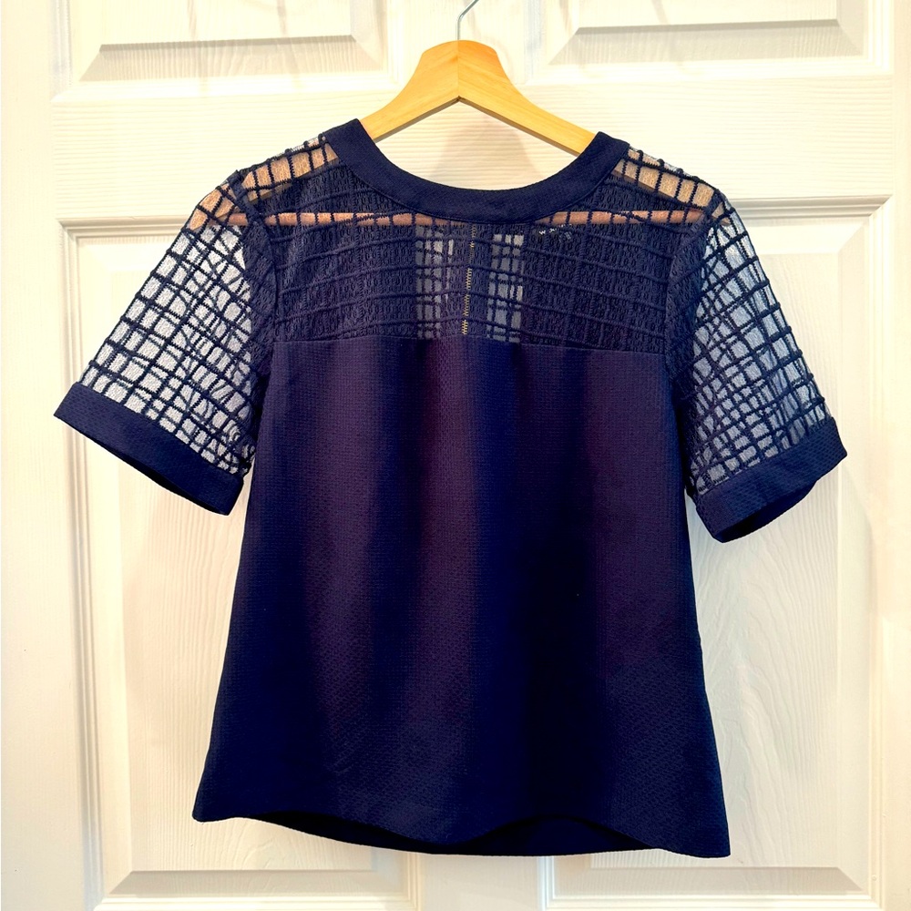 Warehouse Navy Blue Mesh Yoke Short Sleeve Top